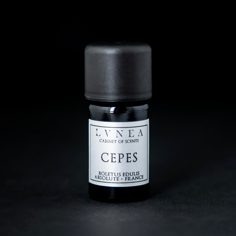 5ml black glass bottle with silver label of LVNEA's cepes absolute on black background