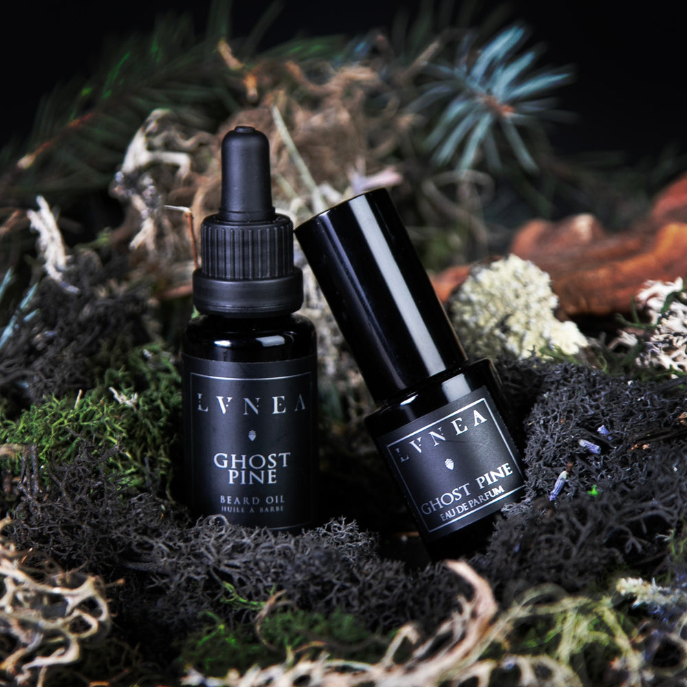 A 20ml bottle of LVNEA's Ghost Pine Beard Oil and a 15ml bottle of Eau de Parfum leaning up against each other, sitting in a bed of moss and pine needles.