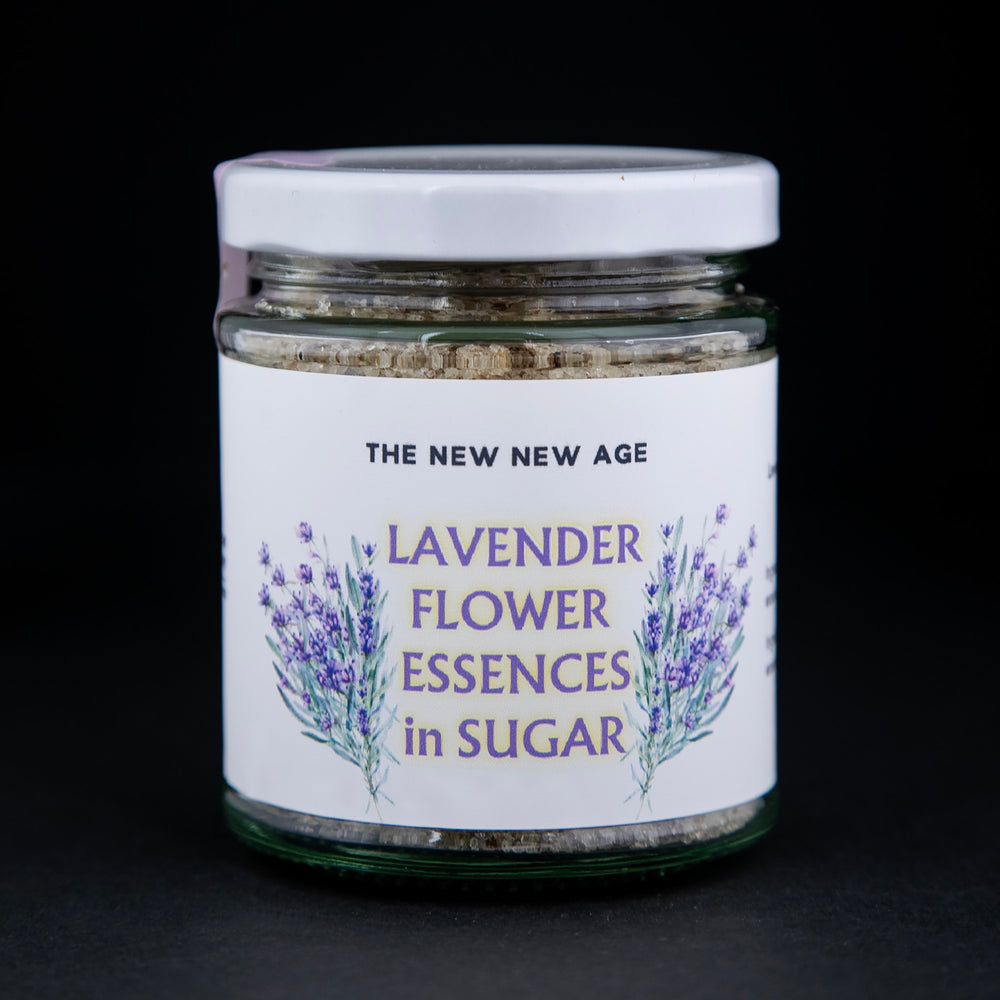 130g clear glass jar of The New New Age's "Lavender Flower Essences in Sugar". There are illustrations of lavender on the label.