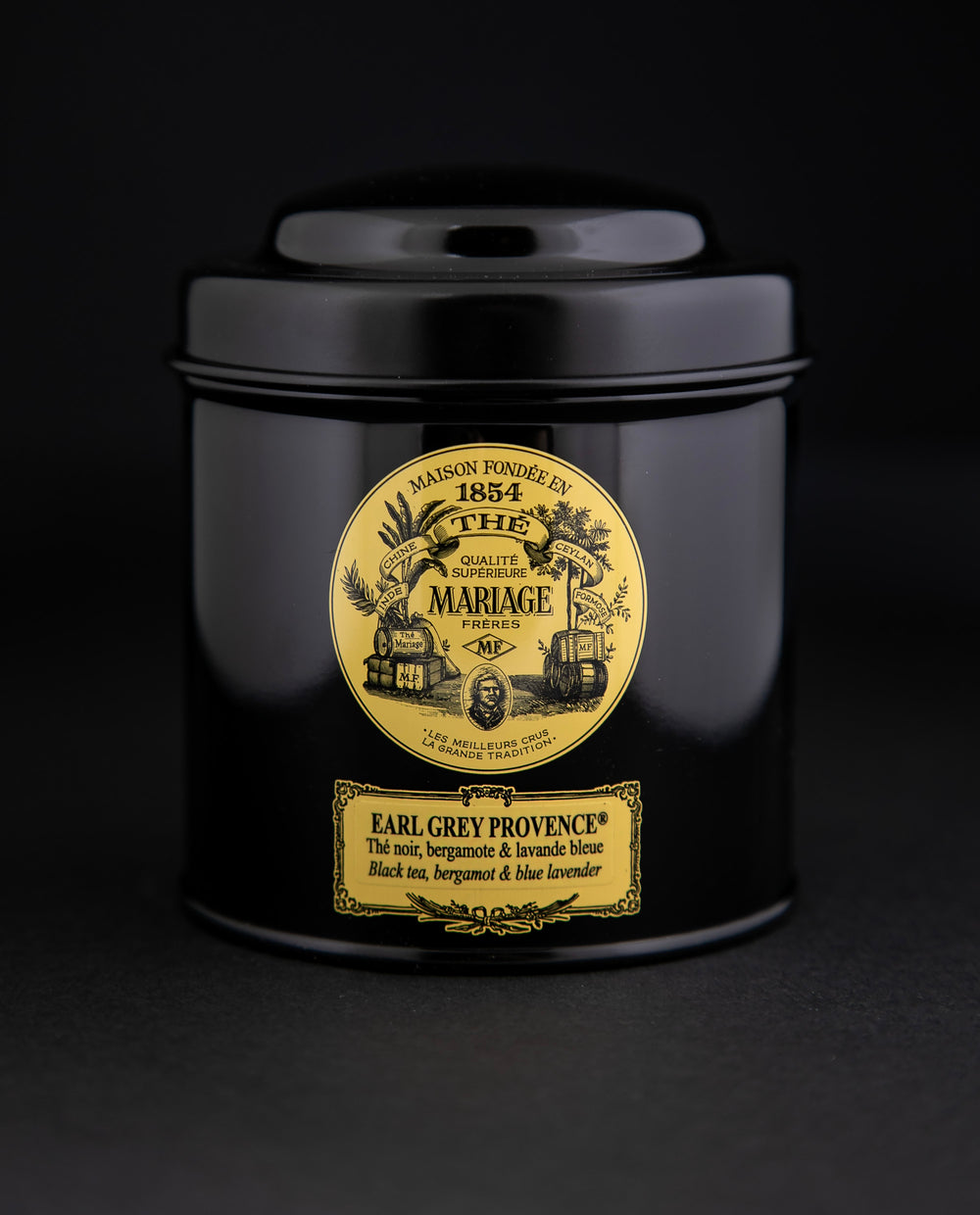 100g black laquered metal canister of Mariage Frère's 