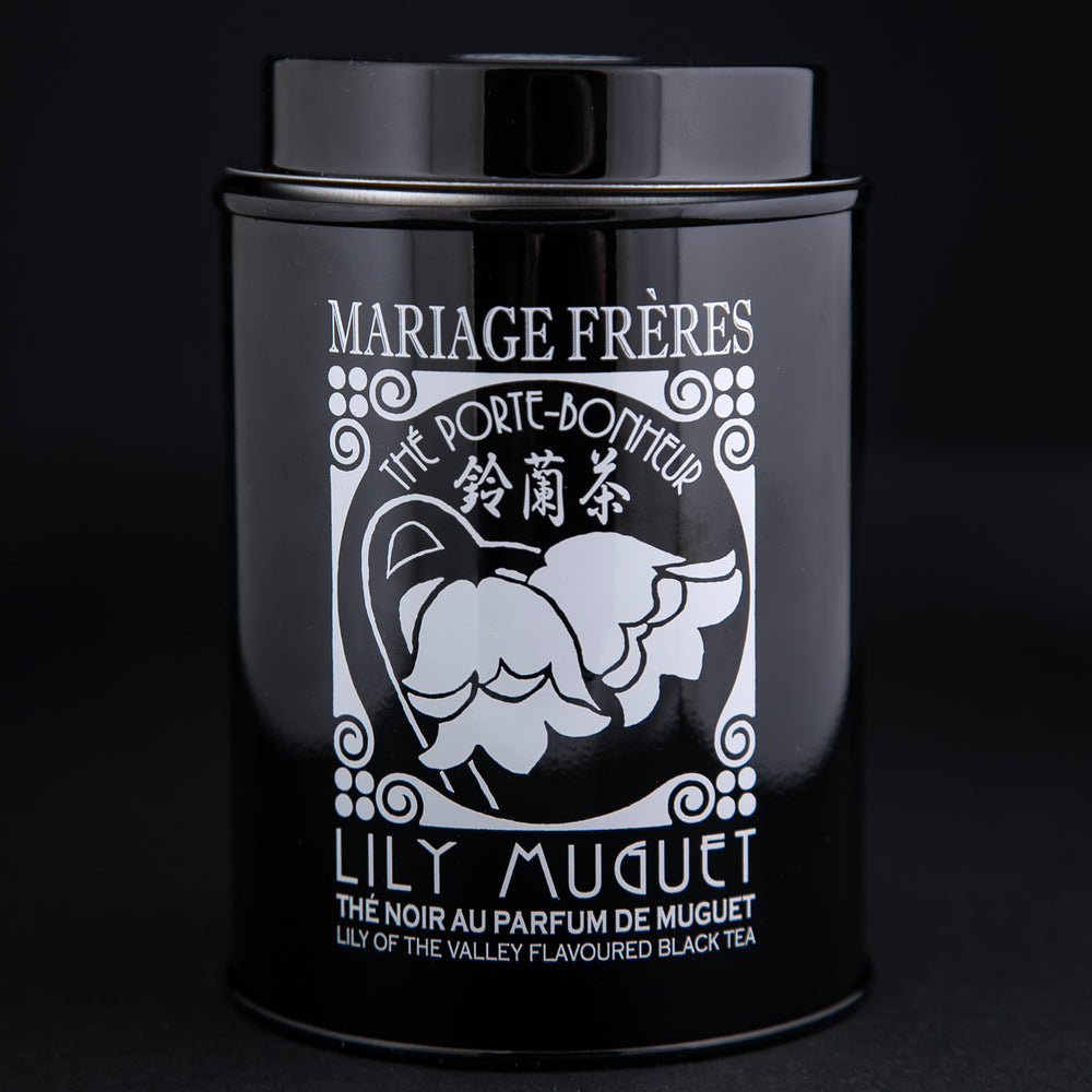 Hand silkscreened black lacquered tin box, holding 100g of Mariage Freres "Lily of the Valley Black Tea".