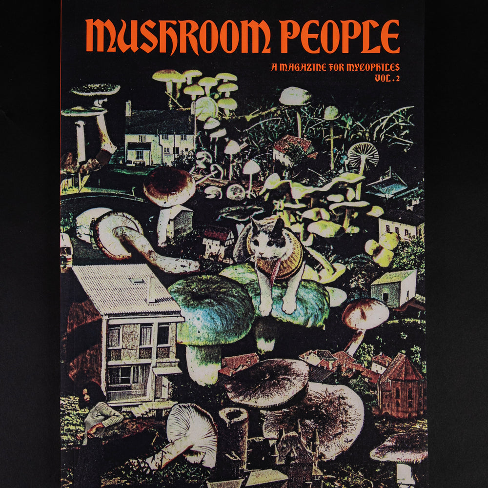 "Mushroom People Volume II" magazine seen from above against a black background. The magazine's cover features a pyschedelic illustrative collage of mushrooms, cats, and houses.