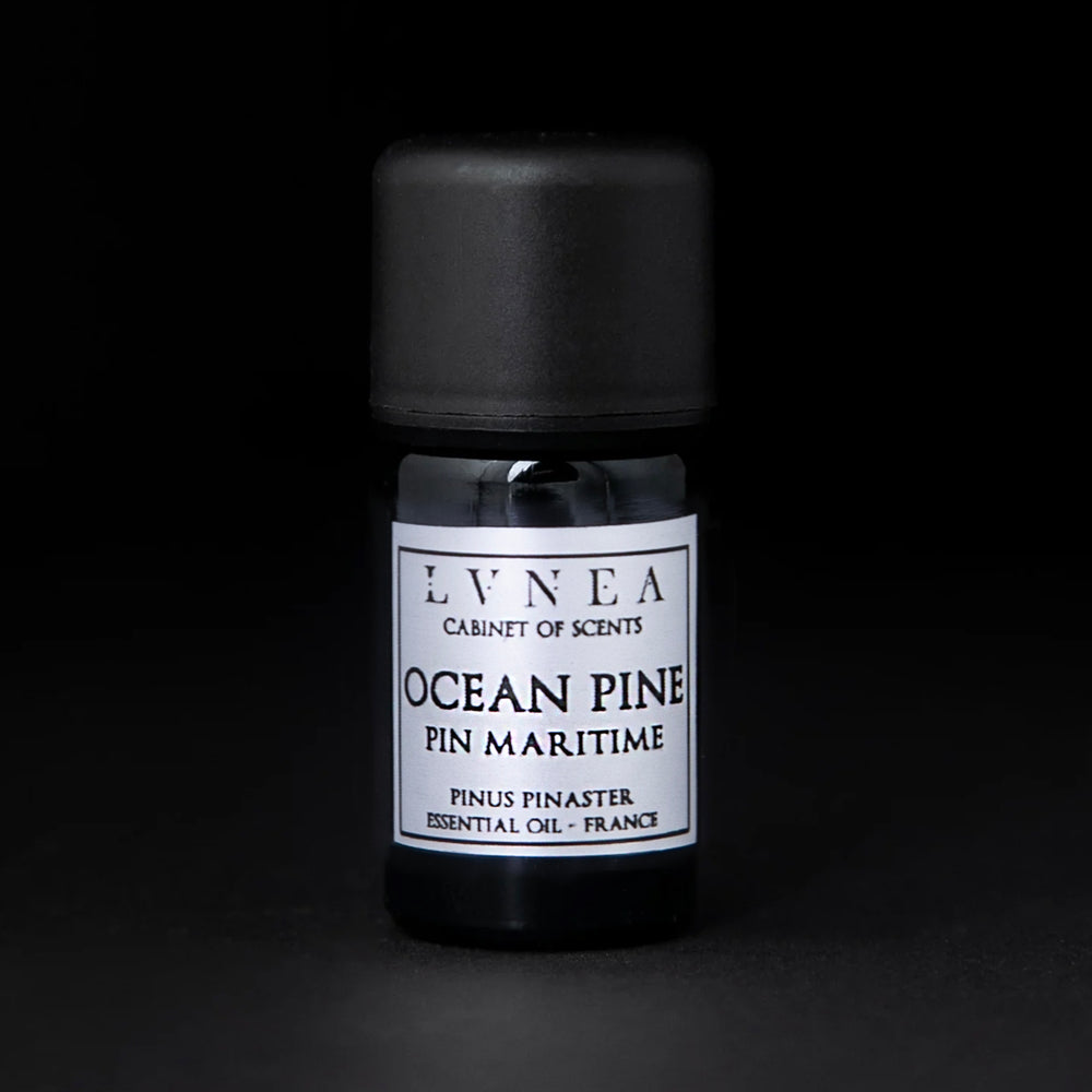 5ml black glass bottle of Ocean Pine essential oil against a black background