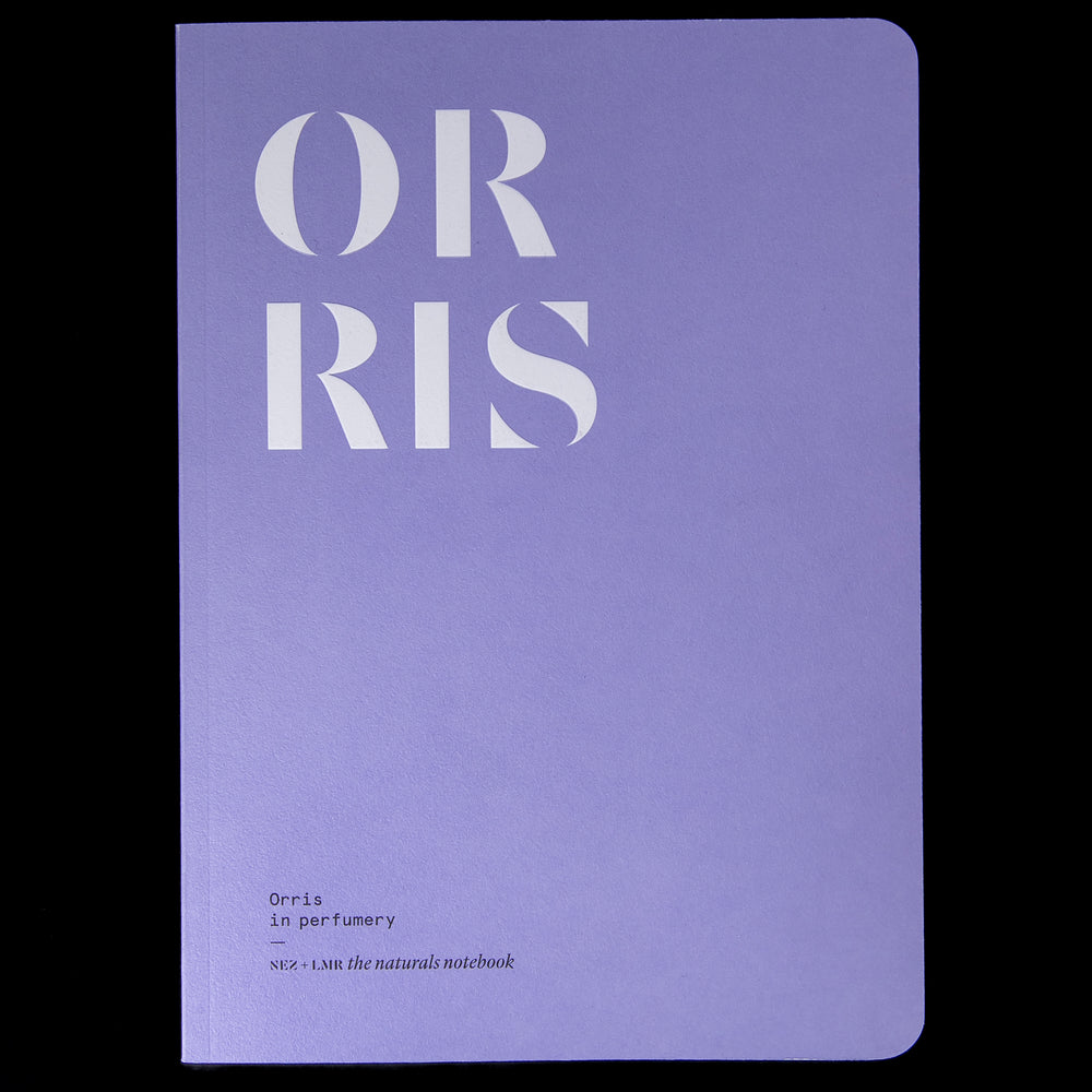 The book "Orris in Perfumery" on black background. The cover is lavender coloured and reads "ORRIS" in bold white graphic letters.