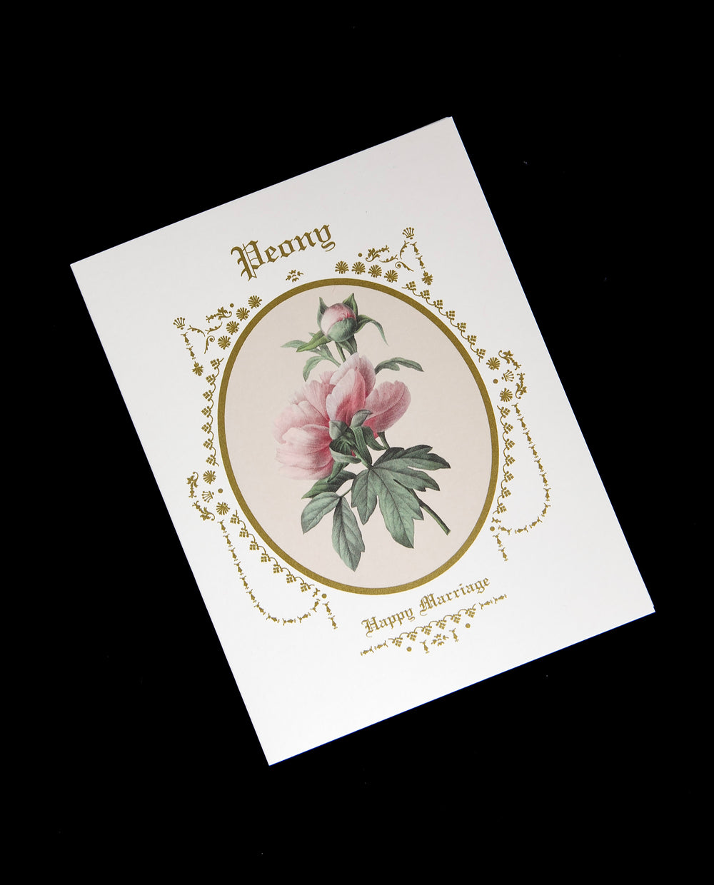 white greeting card featuring illustration of a peony surrounded by a gilded frame