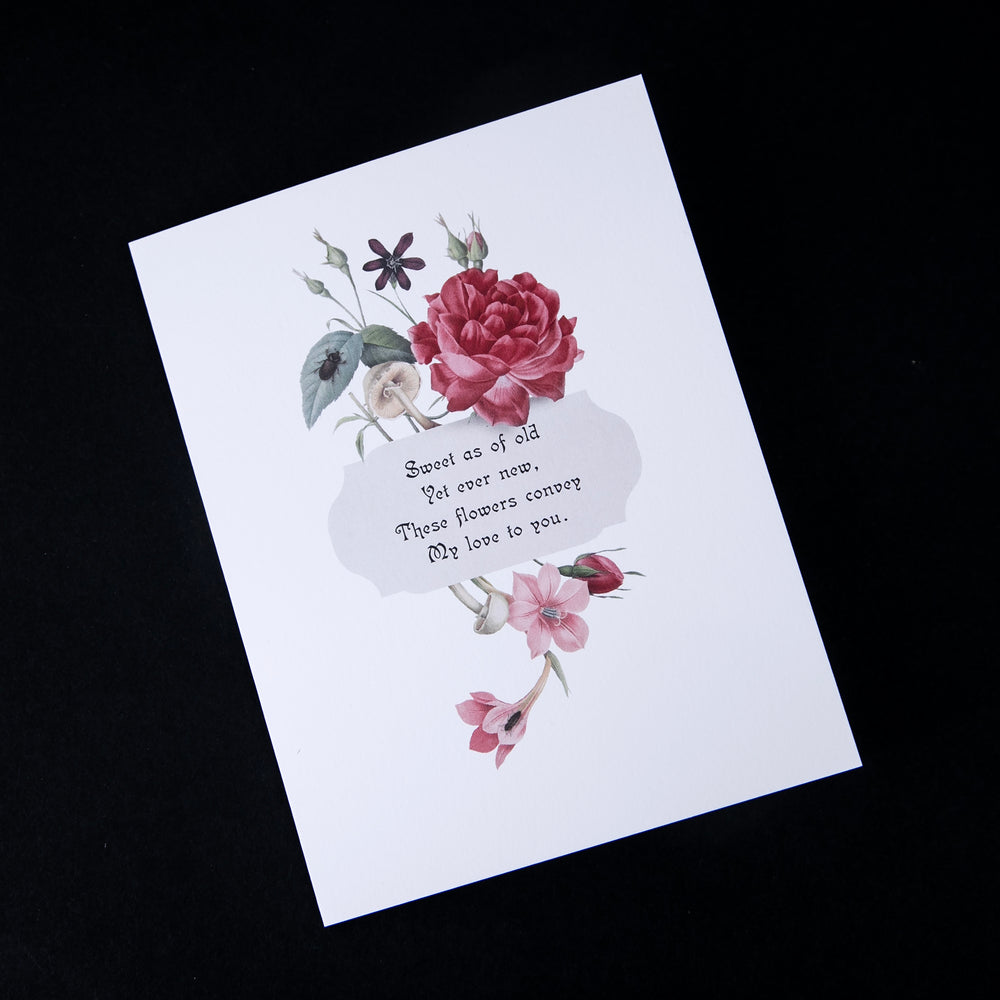 
                      
                        Victorian-inspired greeting card with illustration of roses on its front.
                      
                    