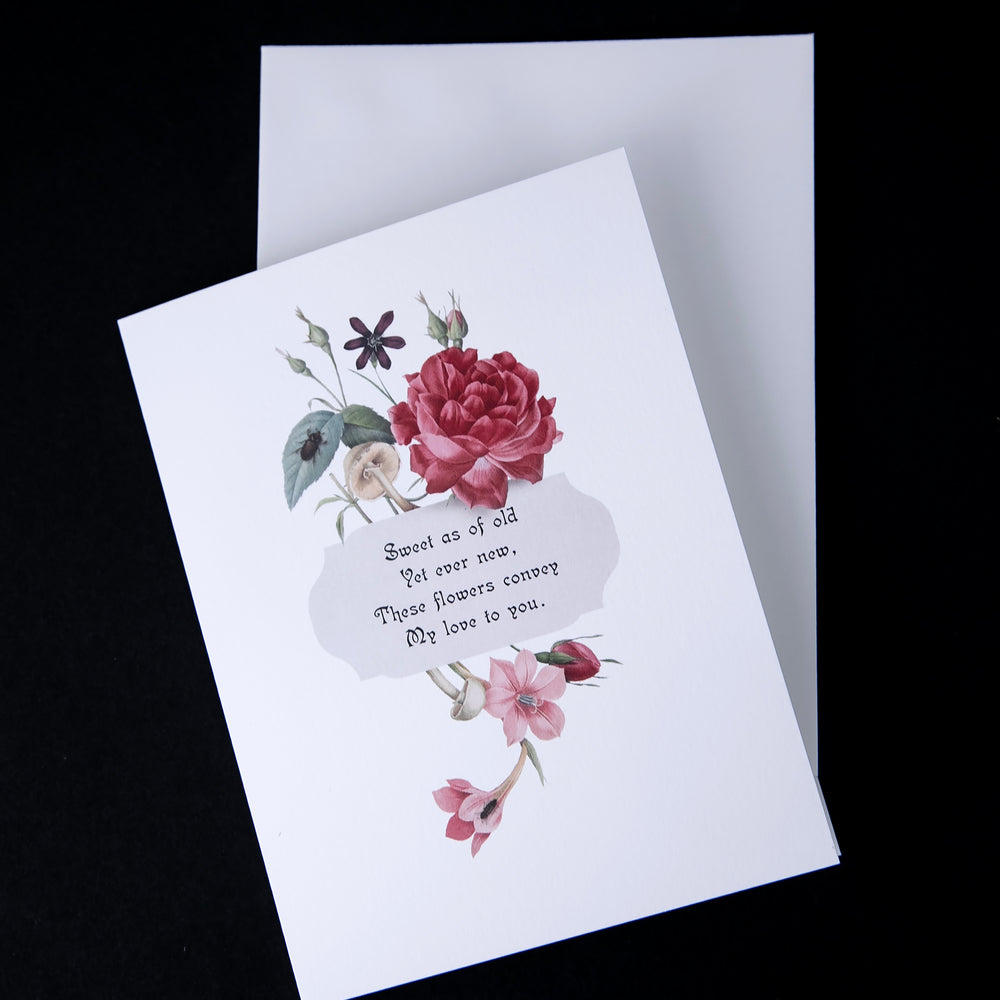 Greeting card sitting atop white enveloppe on black background