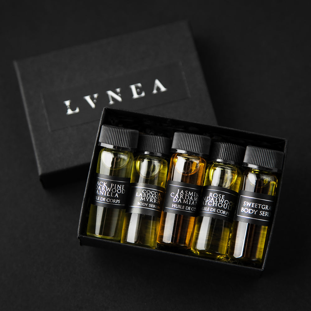 Black box filled with 4ml clear glass sample vials of each of LVNEA's five body serums.